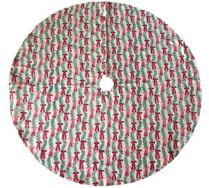 Shabby Chic Bow Print Christmas Tree Skirt 52.5” D Burlap Beige Tan Pink Red